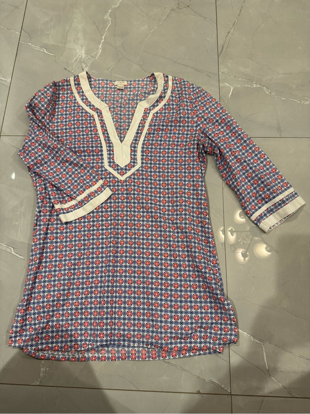 J. Crew Blue and Red Geometric V-Neck Tunic
